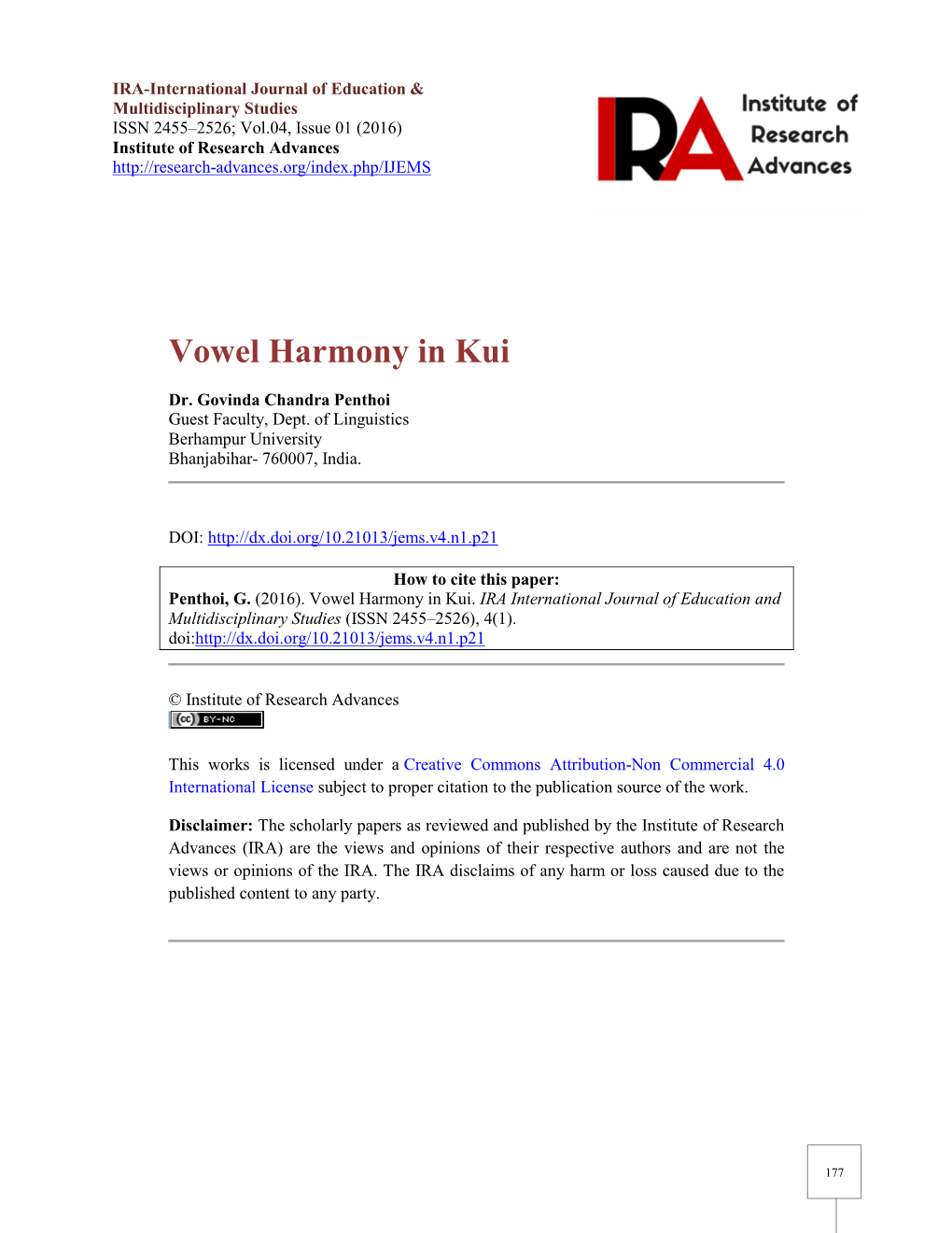 Vowel Harmony in Kui