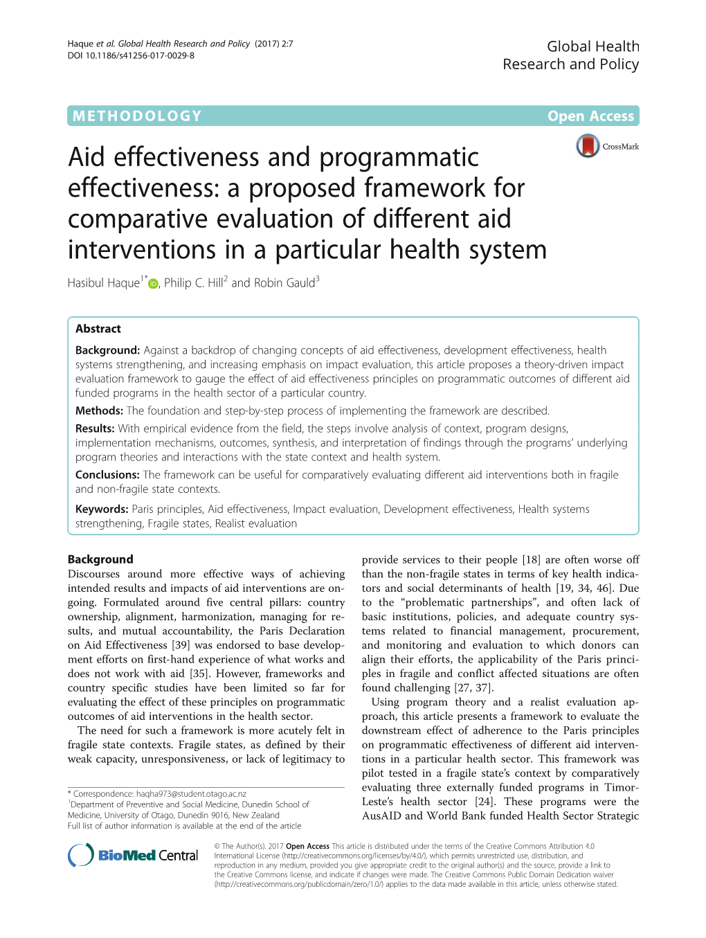 Aid Effectiveness and Programmatic Effectiveness: a Proposed Framework for Comparative Evaluation of Different Aid Interventions