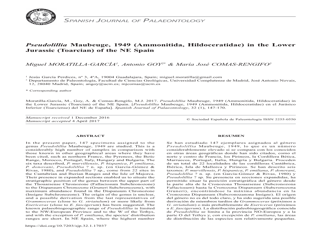 Pseudolillia Maubeuge, 1949 (Ammonitida, Hildoceratidae) in the Lower Jurassic (Toarcian) of the NE Spain