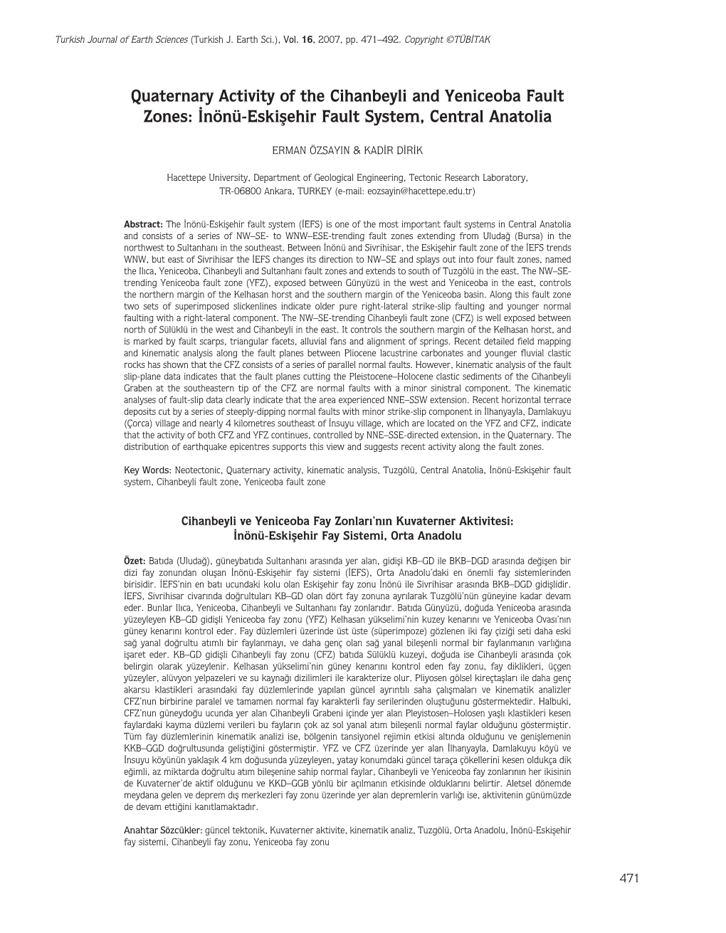 Quaternary Activity of the Cihanbeyli and Yeniceoba Fault Zones: ‹Nönü-Eskiﬂehir Fault System, Central Anatolia