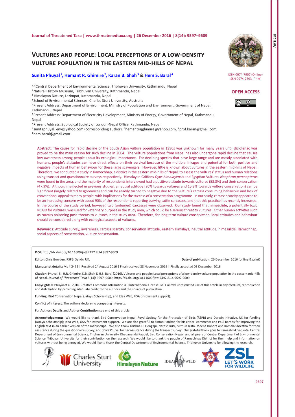 Local Perceptions of a Low-Density Vulture Population in the Eastern Mid-Hills of Nepal