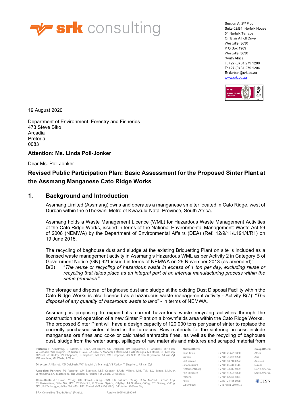 Basic Assessment for the Proposed Sinter Plant at the Assmang Manganese Cato Ridge Works