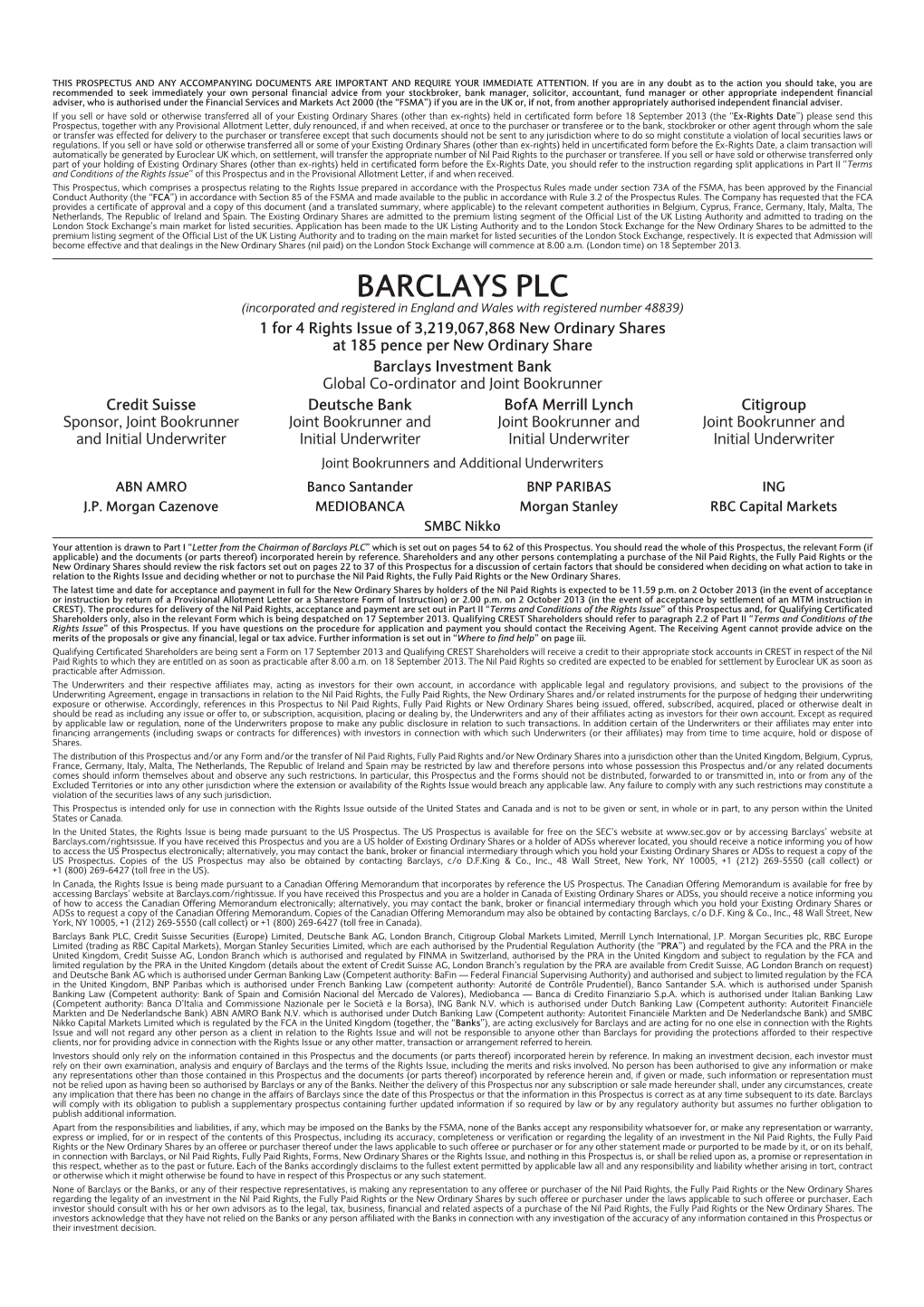 Barclays PLC Rights Issue Prospectus