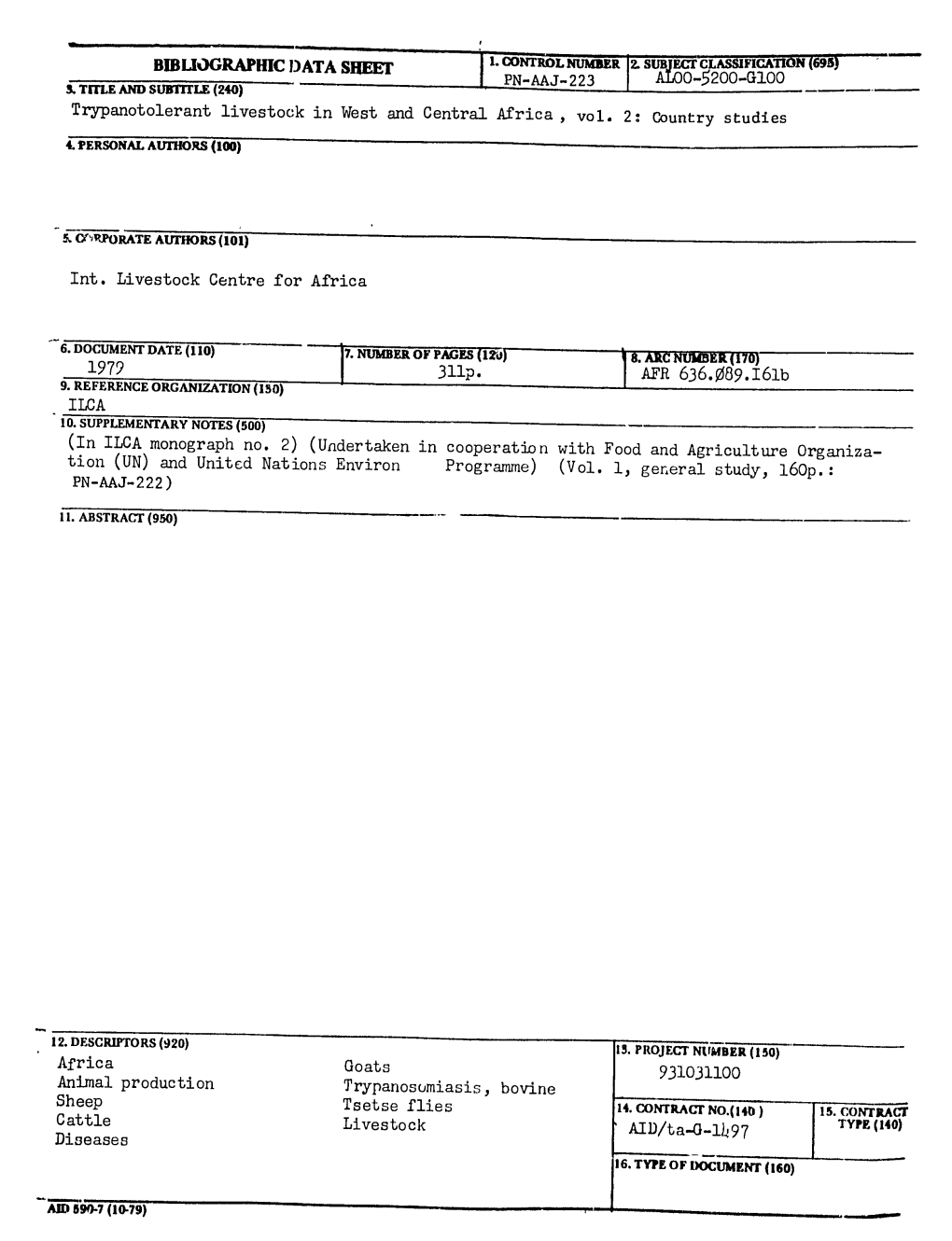 BIBLIOGRAPHIC DATA SHEET Trypanotolerant Livestock in West and Central Africa, Vol. 2