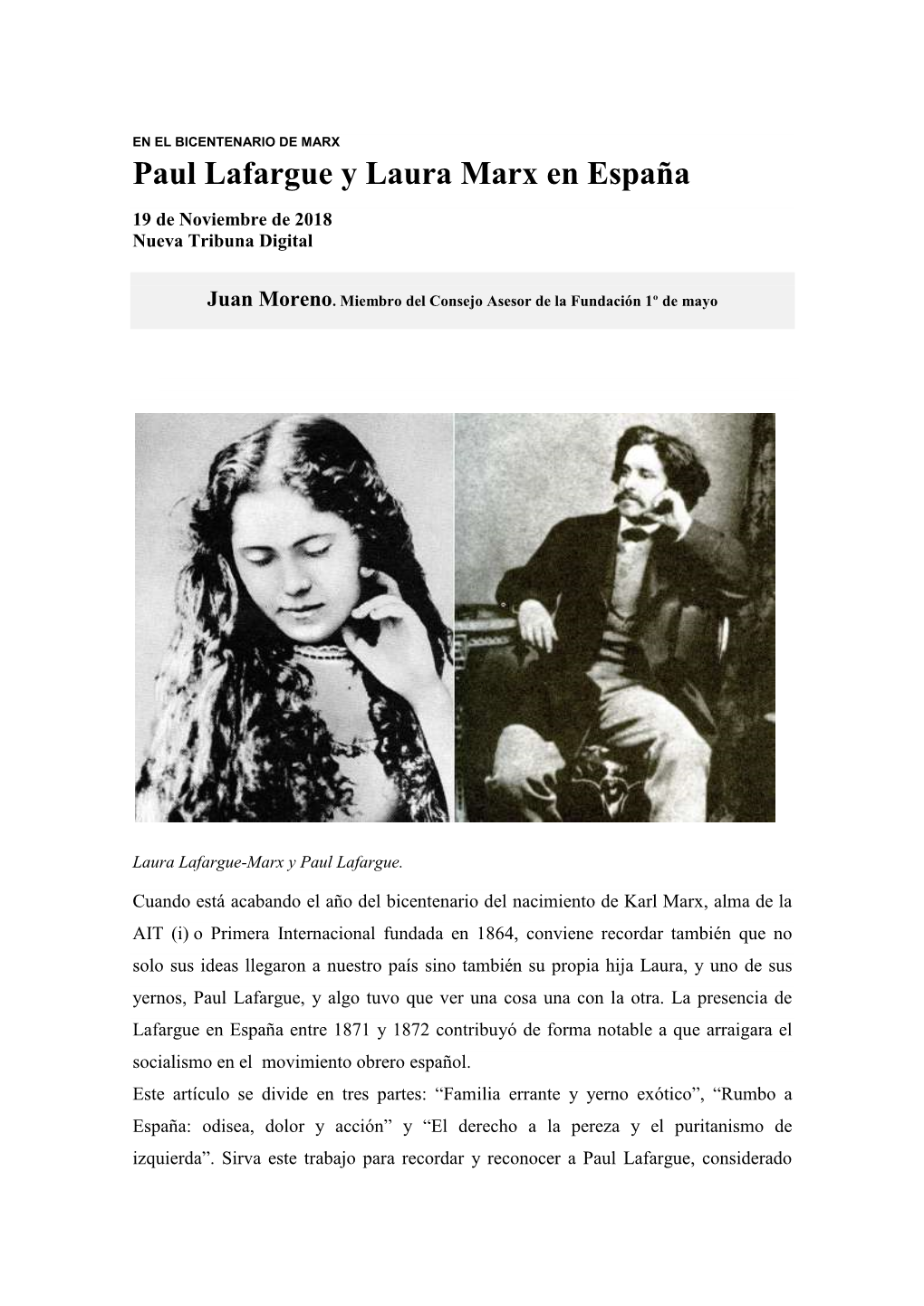 Paul Lafargue Y Laura Marx En España