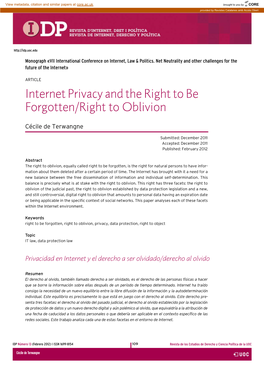 Internet Privacy and the Right to Be Forgotten/Right to Oblivion