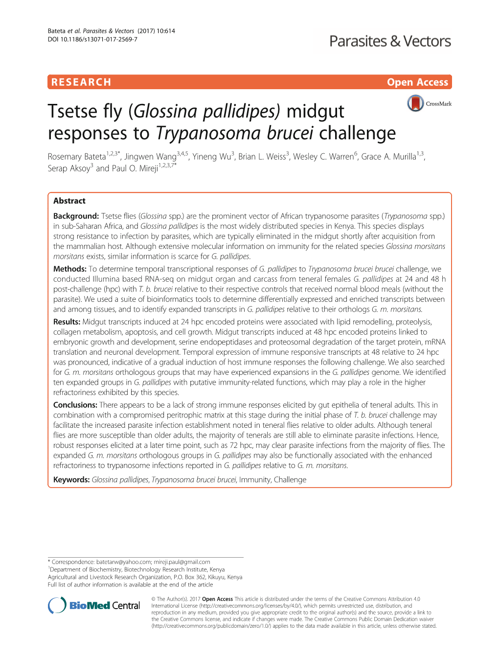 Tsetse Fly (Glossina Pallidipes) Midgut Responses to Trypanosoma Brucei Challenge Rosemary Bateta1,2,3*, Jingwen Wang3,4,5, Yineng Wu3, Brian L