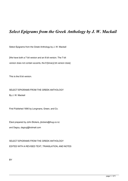 Select Epigrams from the Greek Anthology by JW