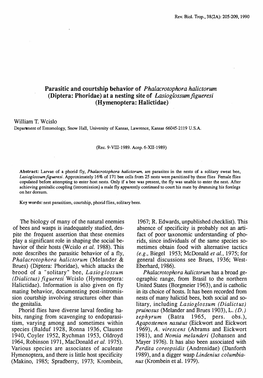 Parasitic and Courtship Behavior of Phalacrotophora Halictorum (Diptera: Phoridae) at a Nesting Site of Lasioglossumfigueresi (Hyrnenoptera: Halictidae)