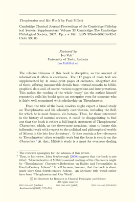 Theophrastus and His World by Paul Millett Cambridge Classical Journal: Proceedings of the Cambridge Philolog- Ical Society, Supplementary Volume 33