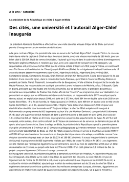Des Cités, Une Université Et L'autorail Alger-Chlef Inaugurés