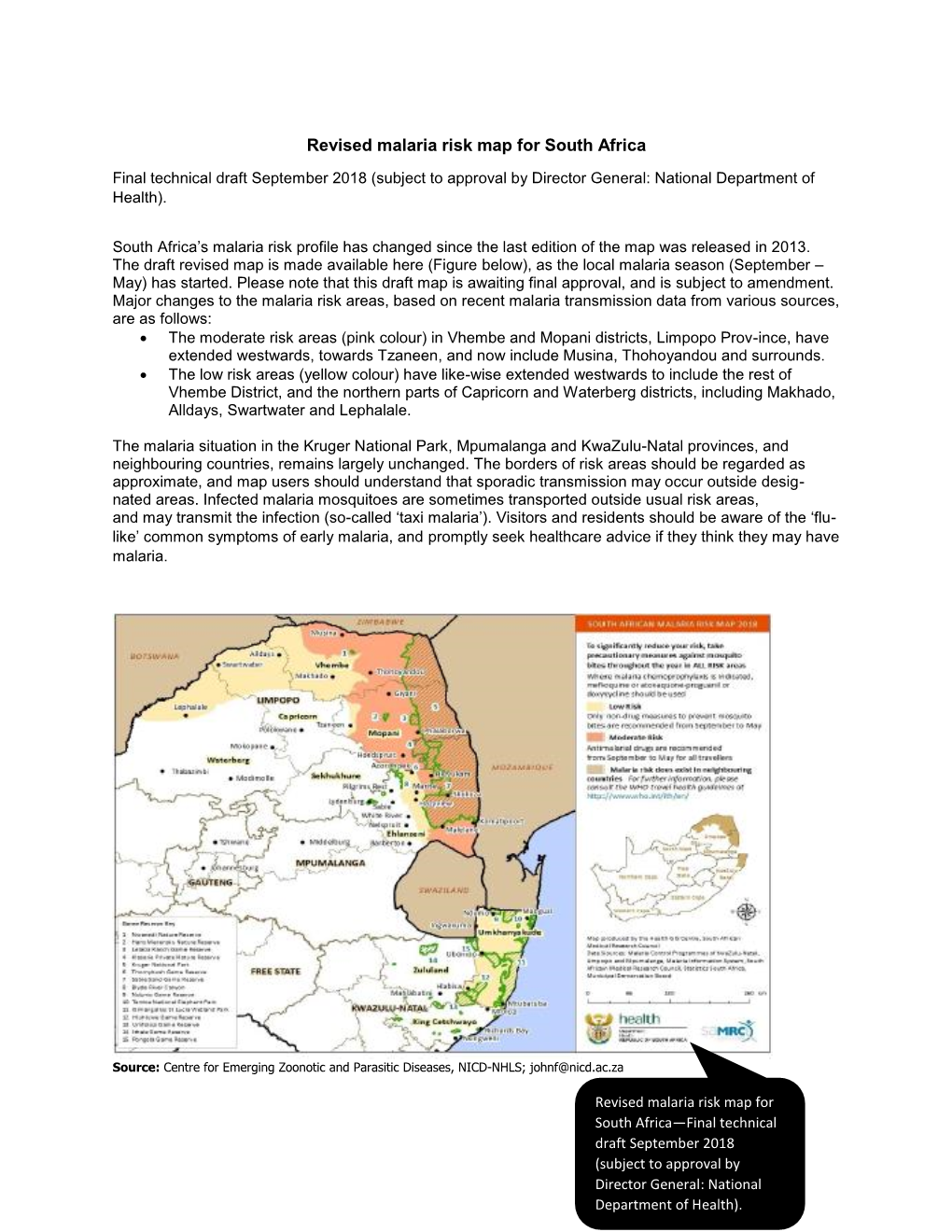 Revised Malaria Risk Map for South Africa