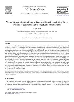 Vector Extrapolation Methods with Applications to Solution of Large Systems of Equations and to Pagerank Computations