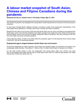 A Labour Market Snapshot of South Asian, Chinese and Filipino Canadians During the Pandemic Released at 8:30 A.M