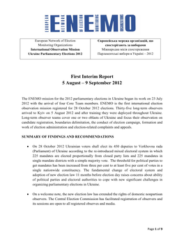First Interim Report 5 August – 9 September 2012