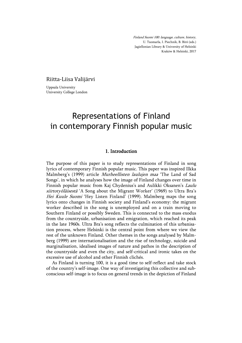 Representations of Finland in Contemporary Finnish Popular Music