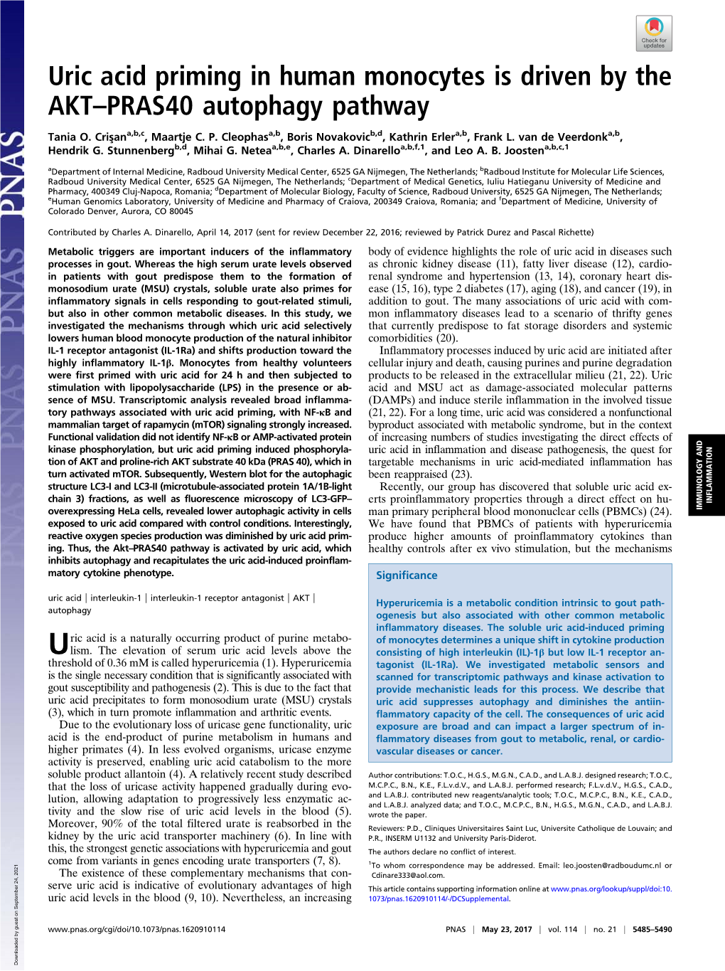 Uric Acid Priming in Human Monocytes Is Driven by the AKT–PRAS40 Autophagy Pathway