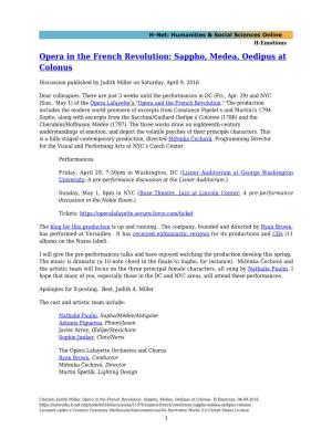 Opera in the French Revolution: Sappho, Medea, Oedipus at Colonus