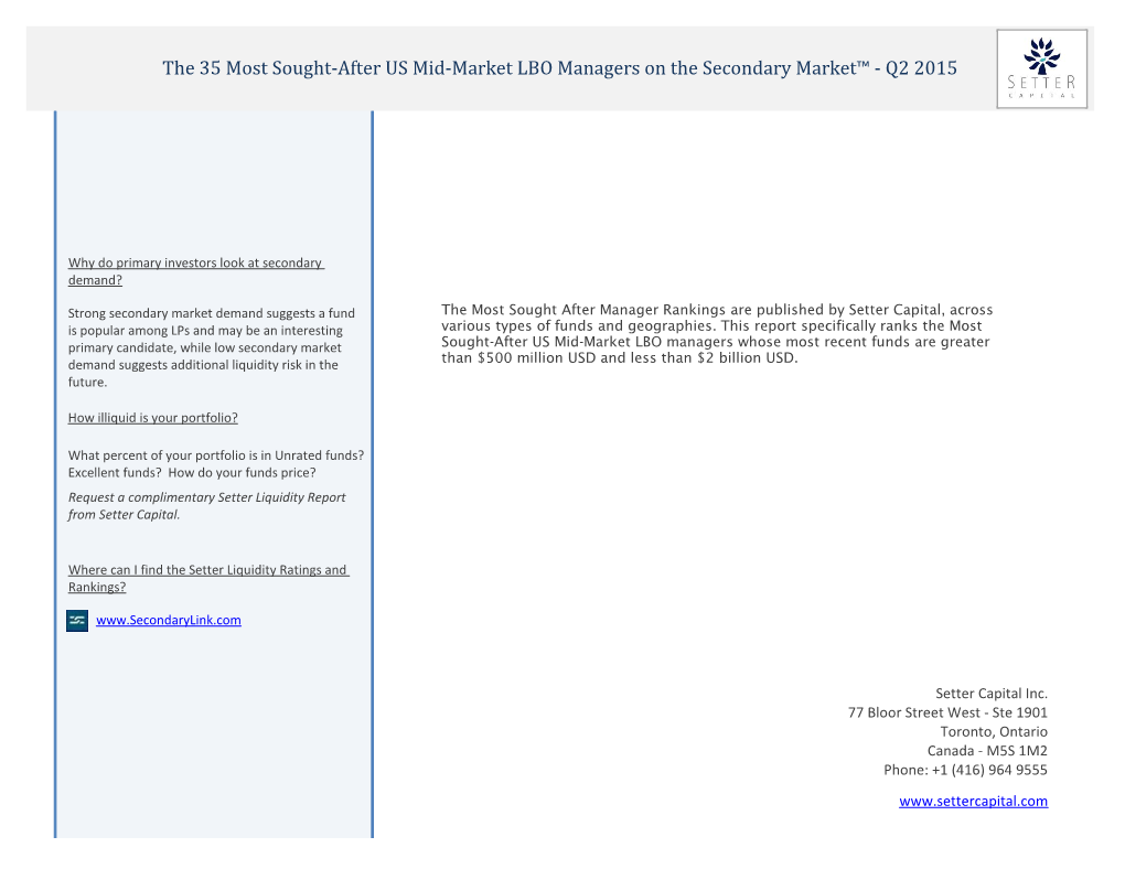 The 35 Most Sought-After US Mid-Market LBO Managers on the Secondary Market™ - Q2 2015
