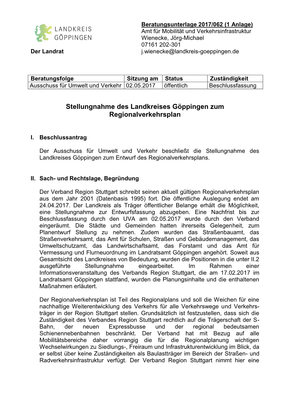 Stellungnahme Des Landkreises Göppingen Zum Regionalverkehrsplan