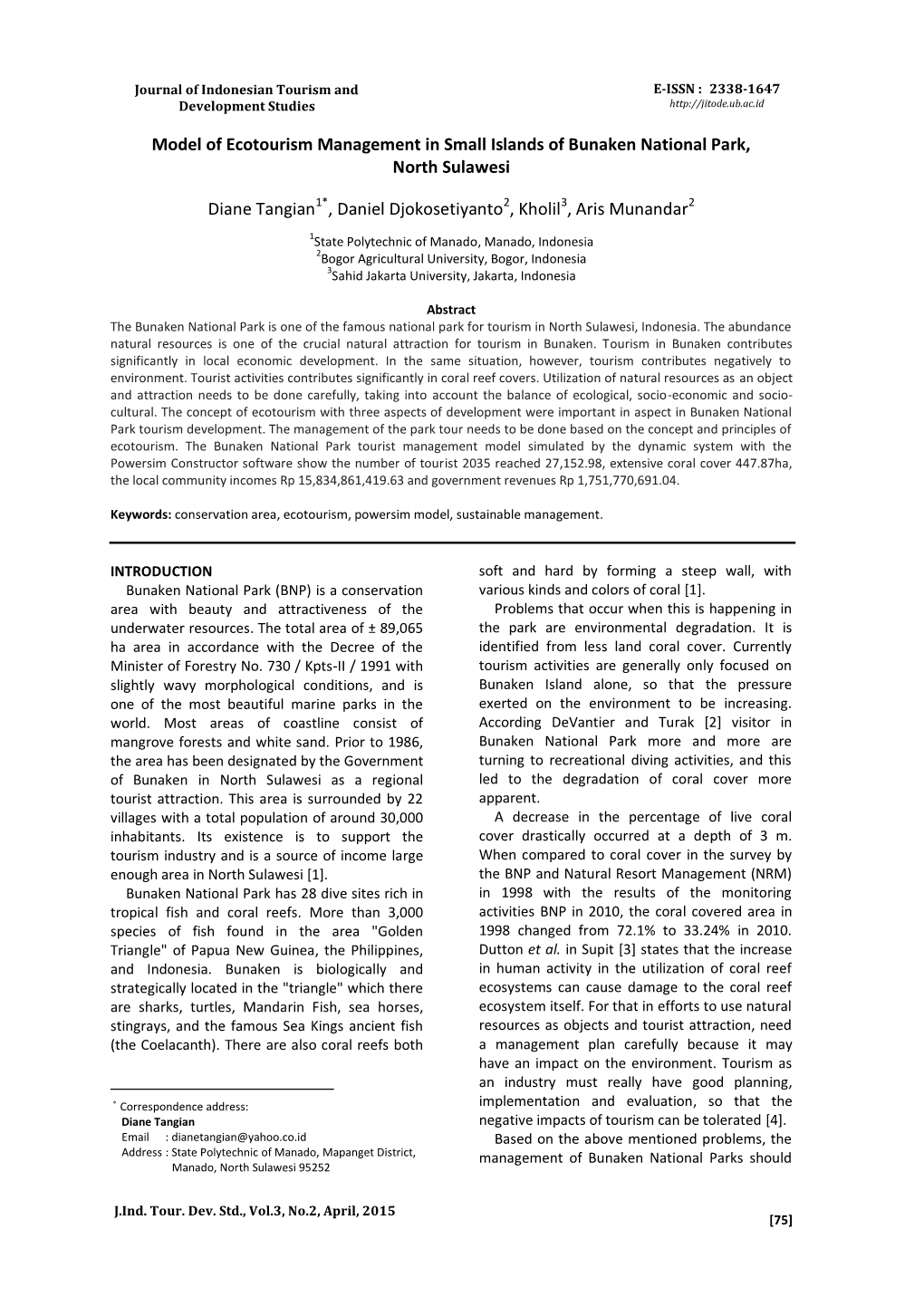 Model of Ecotourism Management in Small Islands of Bunaken National Park, North Sulawesi