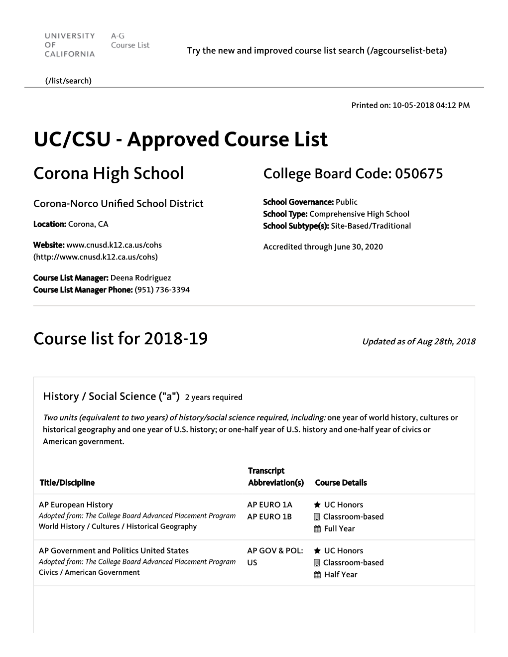 UC/CSU - Approved Course List Corona High School College Board Code: 050675