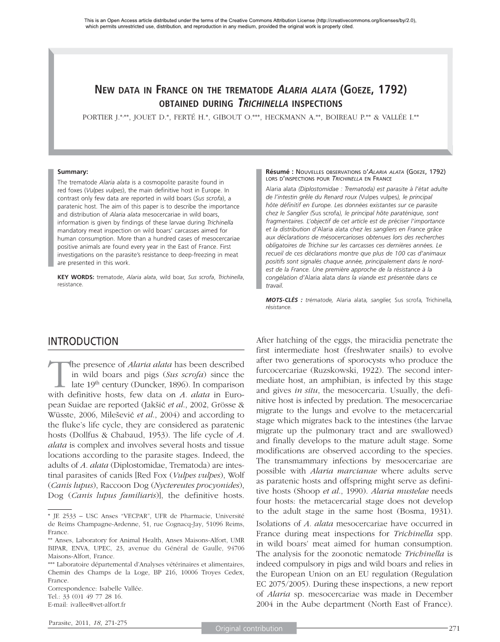 New Data in France on the Trematode Alaria Alata