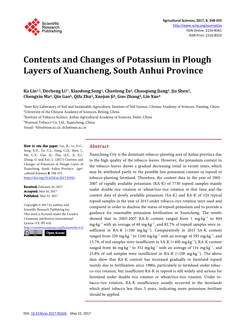 Contents and Changes of Potassium in Plough Layers of Xuancheng, South Anhui Province