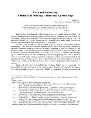 Faith and Rationality: a Defense of Plantinga's Reformed Epistemology