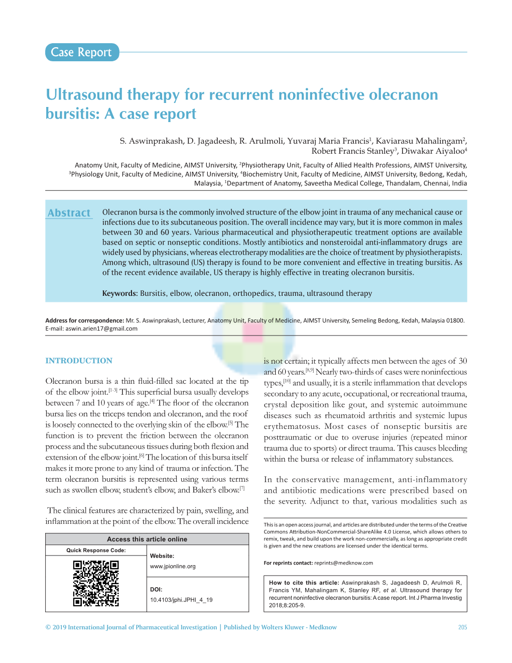 Ultrasound Therapy for Recurrent Noninfective Olecranon Bursitis: a Case Report