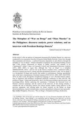 “War on Drugs” and “Mass Murder” in the Philippines: Discourse Analysis, Power Relations, and an Interview with President Rodrigo Duterte1 Gabriel Gama De O