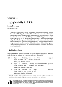 Chapter 16 Logophoricity in Ibibio Lydia Newkirk Rutgers University