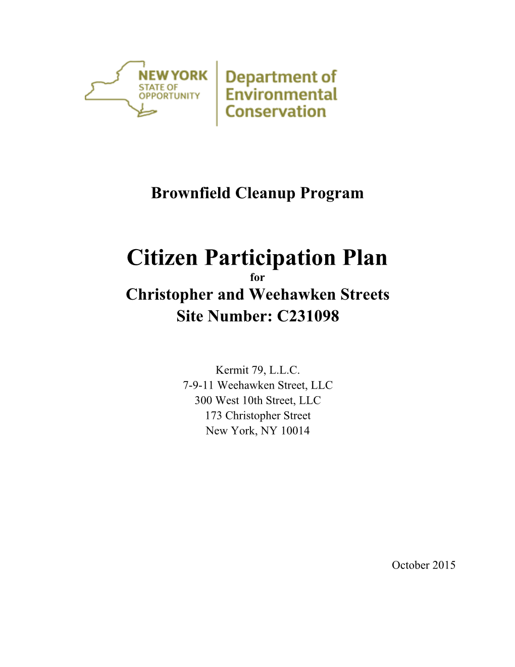 Citizen Participation Plan for Christopher and Weehawken Streets Site Number: C231098