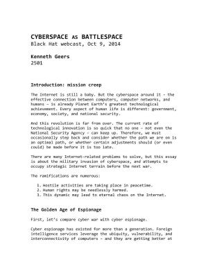 CYBERSPACE AS BATTLESPACE Black Hat Webcast, Oct 9, 2014