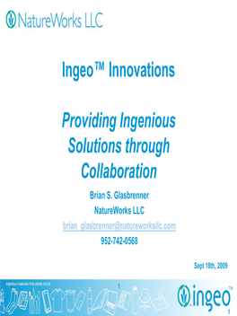Ingeo Innovations: Providing Ingenious Solutions Through Collaboration (Sept. 18, 2009)