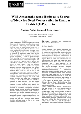 Wild Amaranthaceous Herbs As a Source of Medicine Need Conservation in Rampur District (U.P.), India