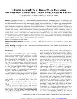 Hydraulic Conductivity of Geosynthetic Clay Liners Exhumed from Landﬁll Final Covers with Composite Barriers Joseph Scalia IV, S.M.ASCE1; and Craig H