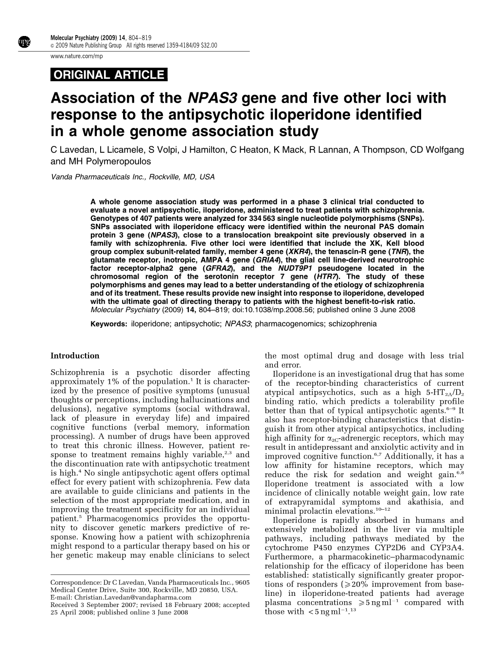 Association of the NPAS3 Gene and Five Other Loci with Response to The