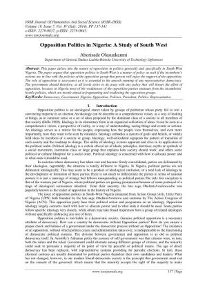 Opposition Politics in Nigeria: a Study of South West
