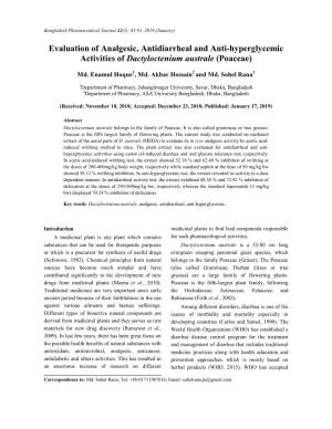 Evaluation of Analgesic, Antidiarrheal and Anti-Hyperglycemic Activities of Dactyloctenium Australe (Poaceae)