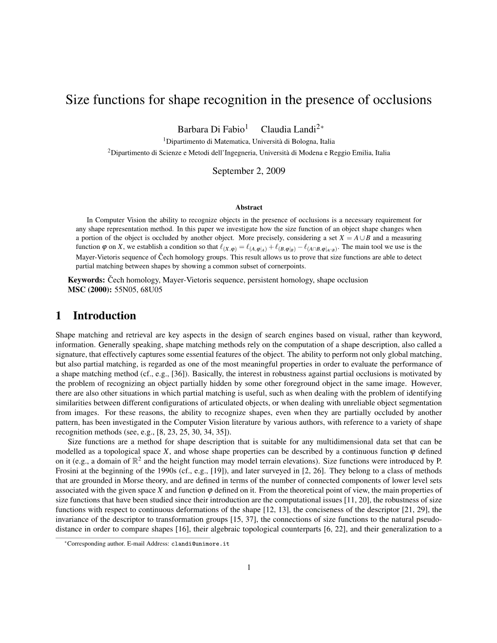 Size Functions for Shape Recognition in the Presence of Occlusions