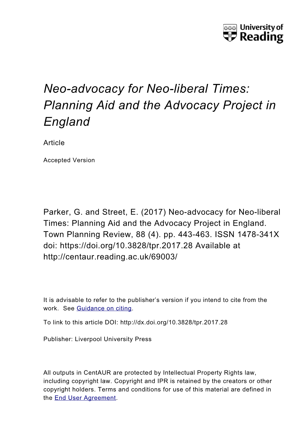 Neo-Advocacy for Neo-Liberal Times: Planning Aid and the Advocacy Project in England