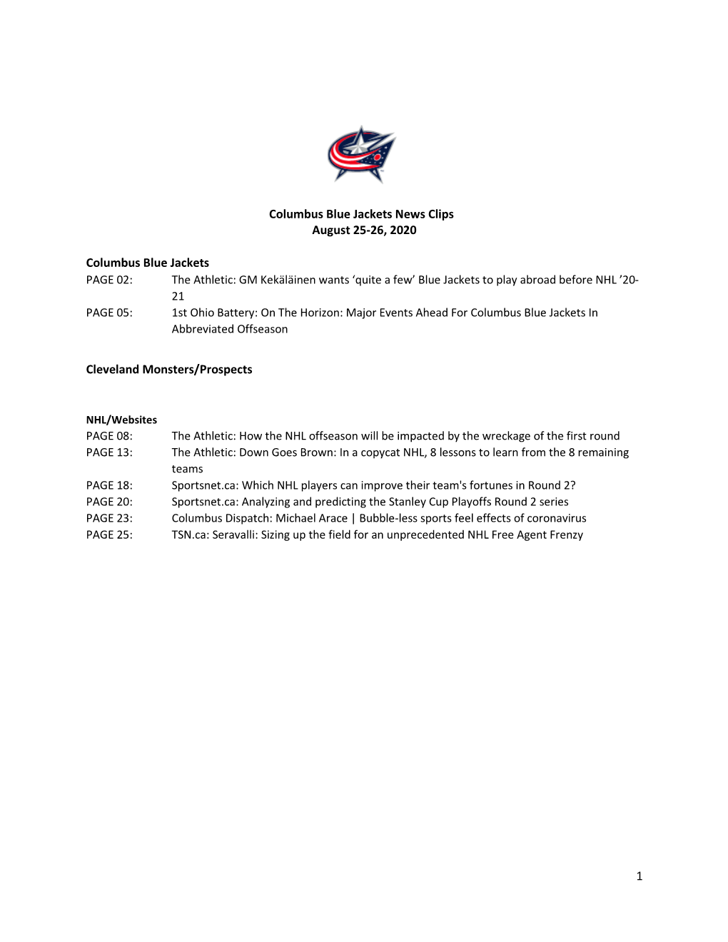 1 Columbus Blue Jackets News Clips August 25-26, 2020 Columbus Blue