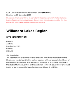 Willandra Lakes Region - 2017 Conservation Outlook Assessment (Archived)