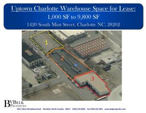 Uptown Charlotte Warehouse Space for Lease: 1,000 SF to 9,800 SF 1420 South Mint Street, Charlotte NC, 28202