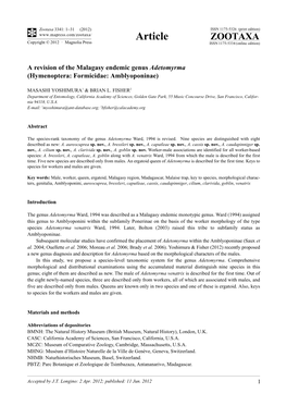 A Revision of the Malagasy Endemic Genus Adetomyrma (Hymenoptera: Formicidae: Amblyoponinae)