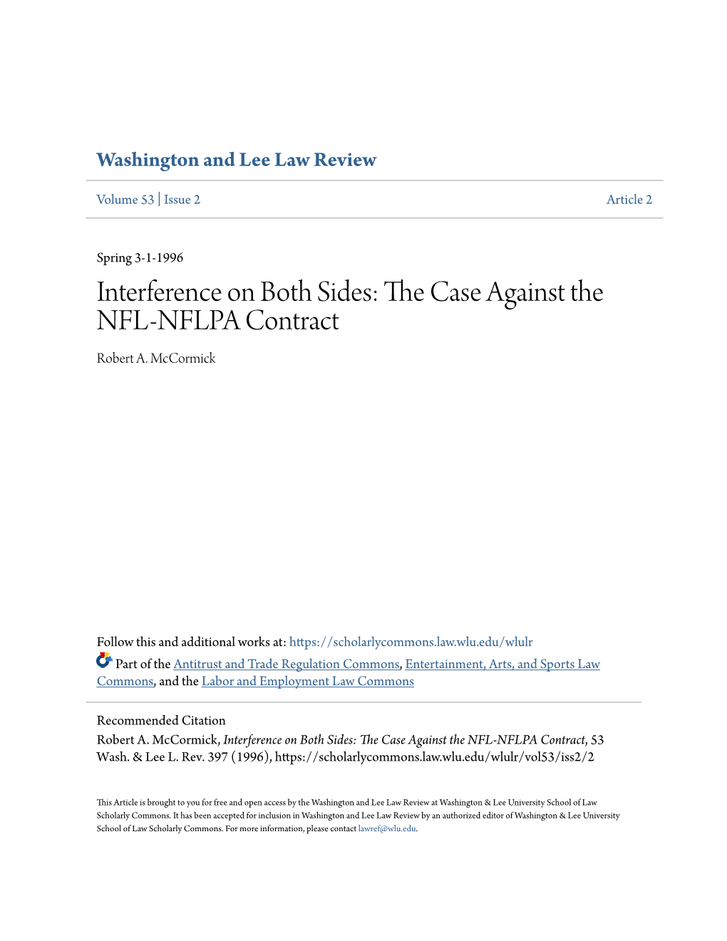 Interference on Both Sides: the Case Against the NFL-NFLPA Contract, 53 Wash