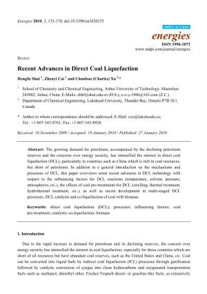 Recent Advances in Direct Coal Liquefaction