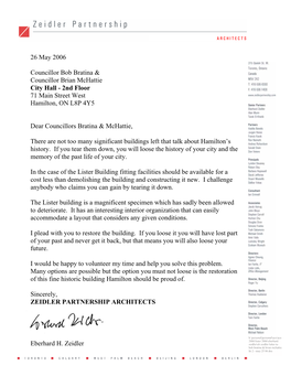 Letter from Eberhard Zeidler to Councillors Bratina and Mchattie