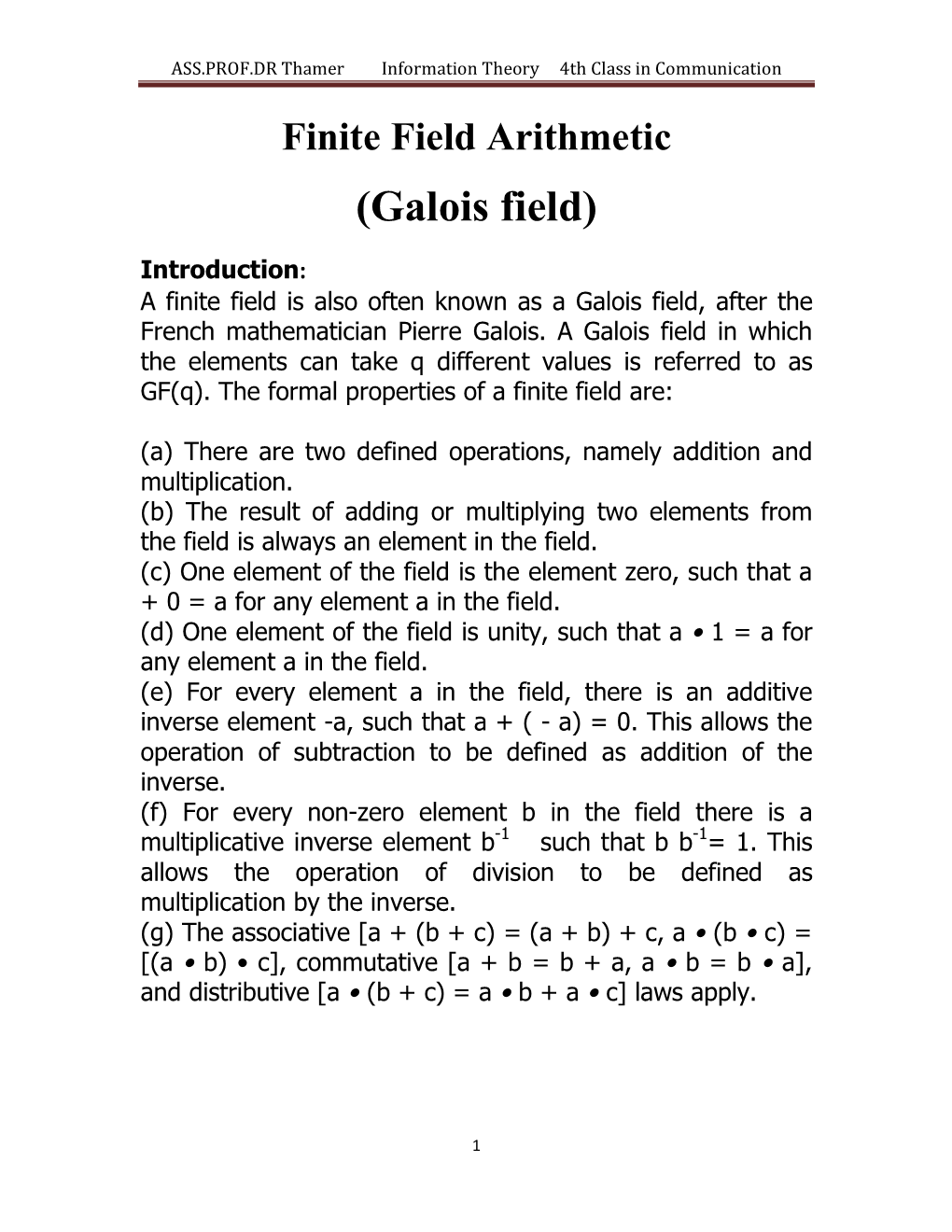 Finite Field Arithmetic (Galois Field)